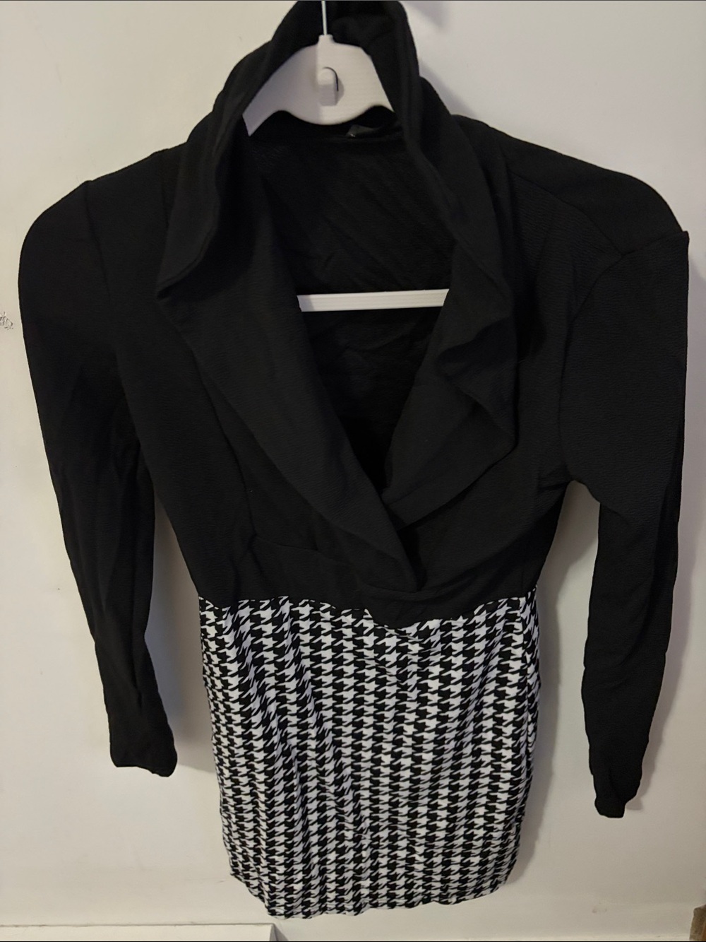 Black Long Sleeve Dress with Black & White Houndstooth Skirt